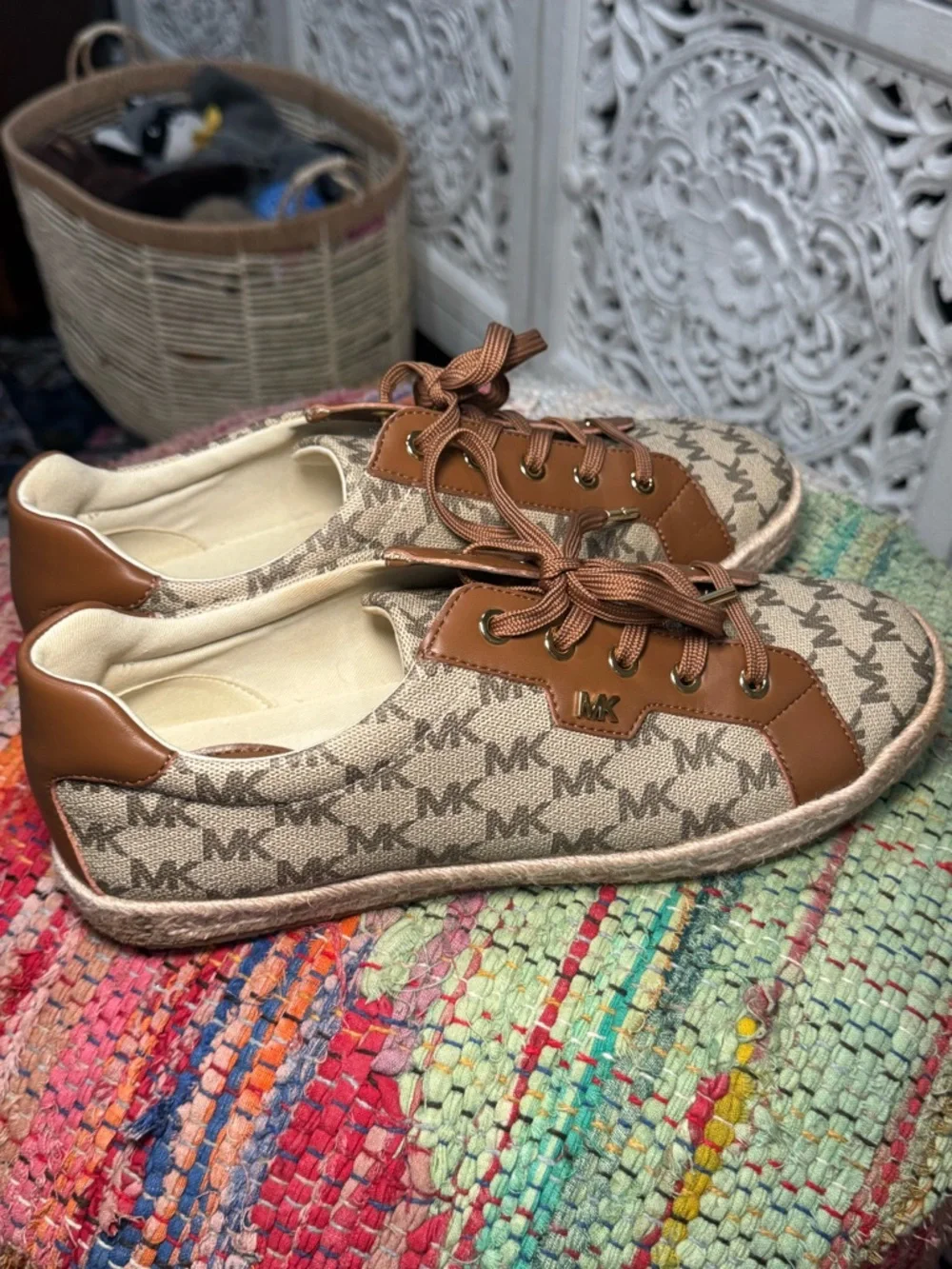 🤎▫️ Michael Kors Bryson Beige Canvas MK Logo Sneakers Brown Trim espadrille ▫️🤎